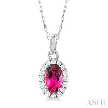 5x3 MM Oval Shape Pink Tourmaline and 1/20 Ctw Single Cut Diamond Halo Semi-Precious Pendant with Chain in 14K White Gold